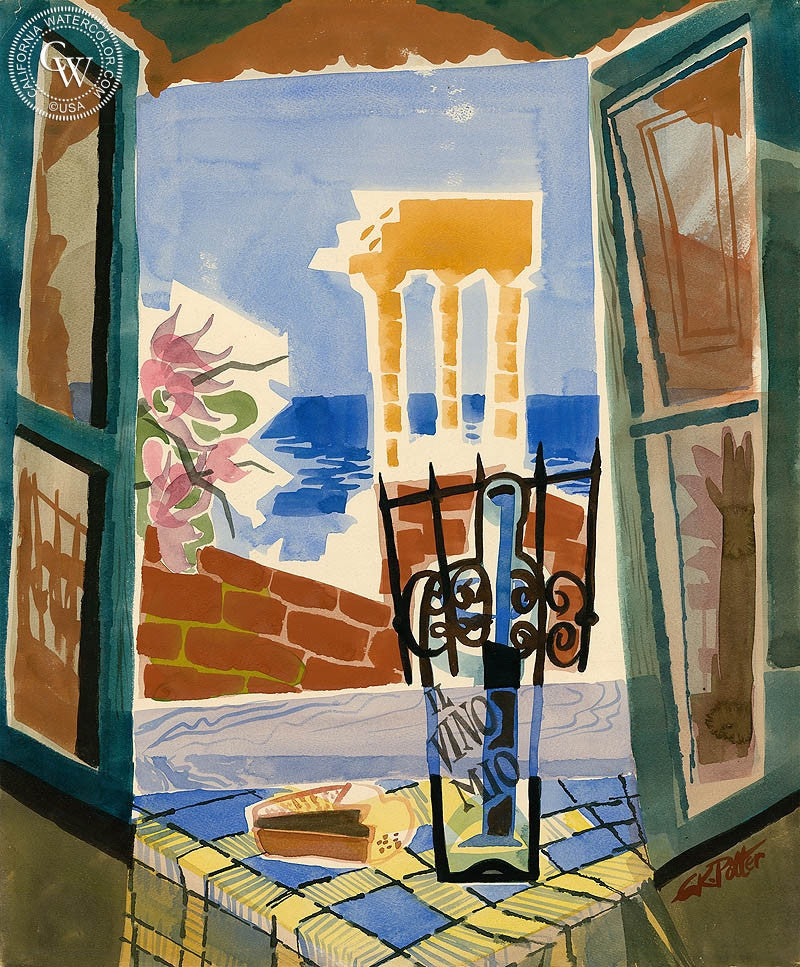Agrigento Window, 1953, watercolor painting by Ken Potter  (American art). Fine art giclée print reproduction by California Watercolor for wall decor.