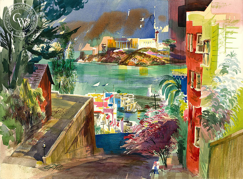 Alcatraz, 1979, watercolor painting by Ken Potter  (American art). Fine art giclée print reproduction by California Watercolor for wall decor.
