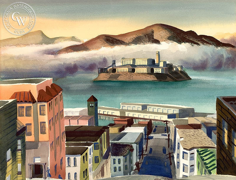 Alcatraz, 1949, watercolor painting by Ken Potter  (American art). Fine art giclée print reproduction by California Watercolor for wall decor.