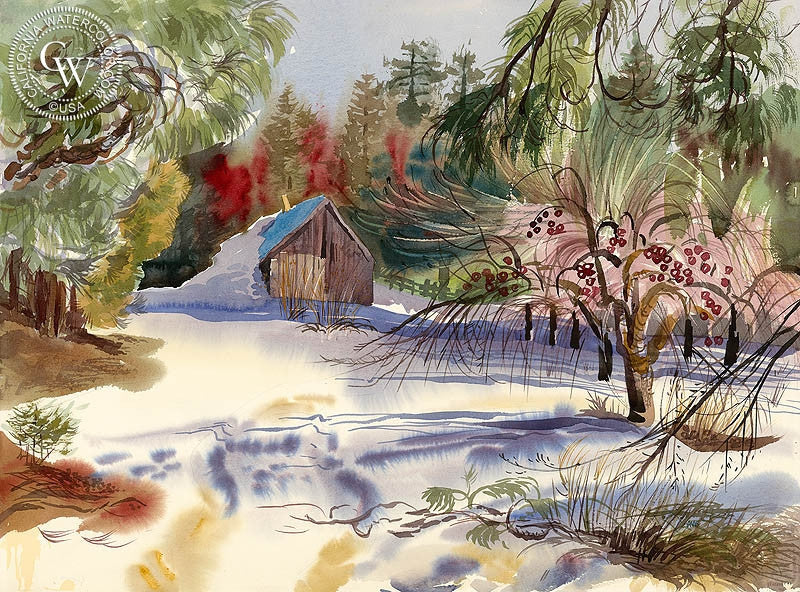 Apple Orchard in the Snow, 1966, watercolor painting by Ken Potter  (American art). Fine art giclée print reproduction by California Watercolor for wall decor.