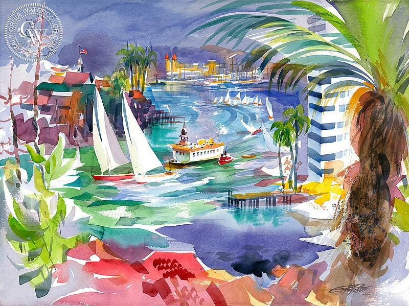 Balboa Bay, 2005, watercolor painting by Ken Potter  (American art). Fine art giclée print reproduction by California Watercolor for wall decor.
