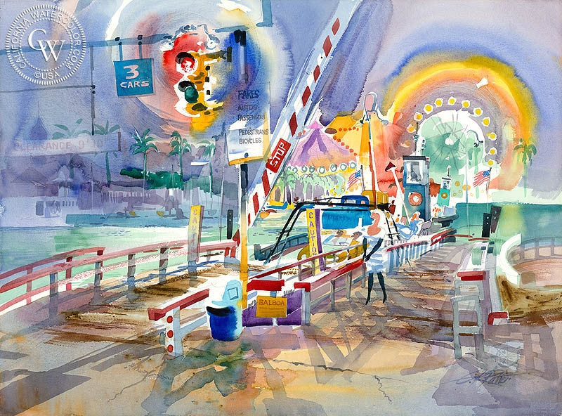 Balboa Island Ferry, watercolor painting by Ken Potter  (American art). Fine art giclée print reproduction by California Watercolor for wall decor.
