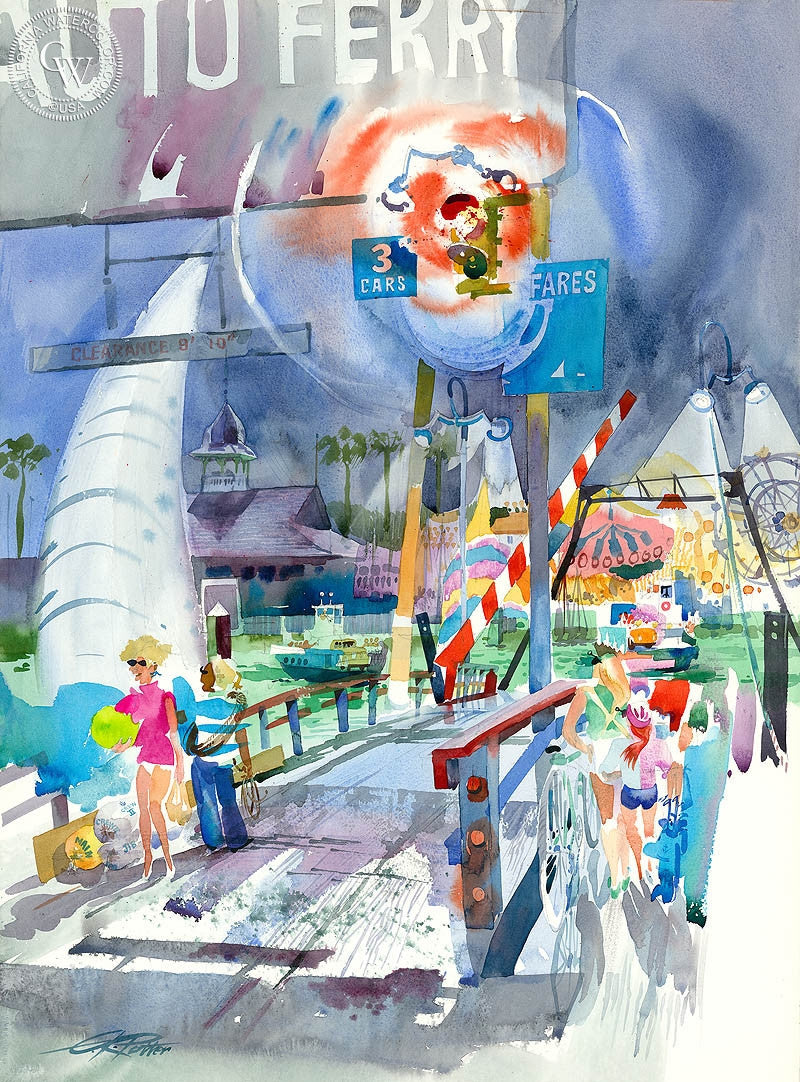 Balboa Island Ferry II, 1991, watercolor painting by Ken Potter  (American art). Fine art giclée print reproduction by California Watercolor for wall decor.
