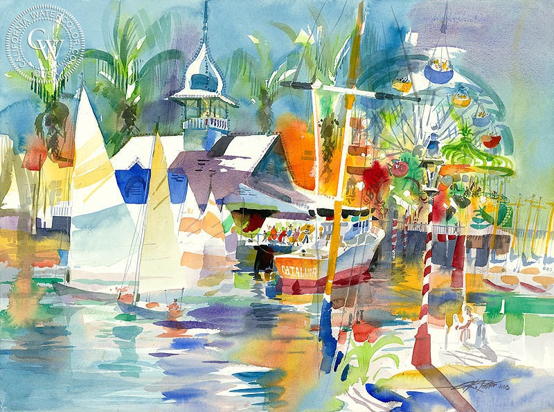 Balboa Pavilion II, 2006, watercolor painting by Ken Potter  (American art). Fine art giclée print reproduction by California Watercolor for wall decor.