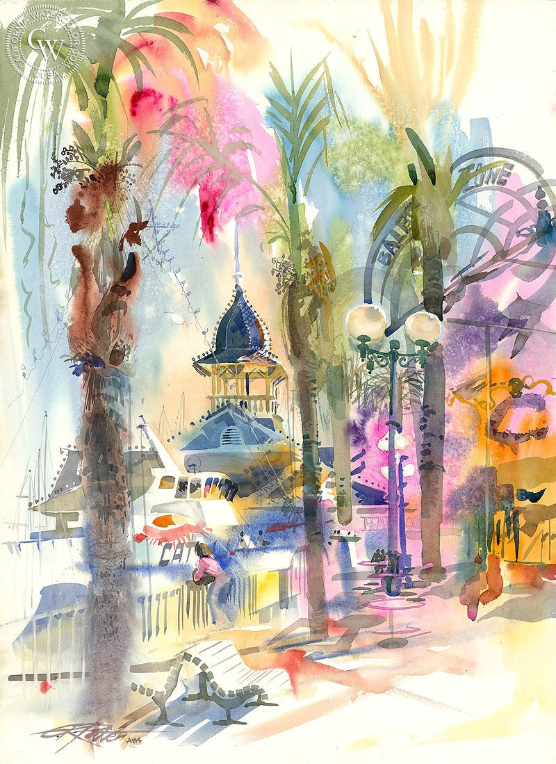 Balboa Pavilion, 1986, watercolor painting by Ken Potter  (American art). Fine art giclée print reproduction by California Watercolor for wall decor.