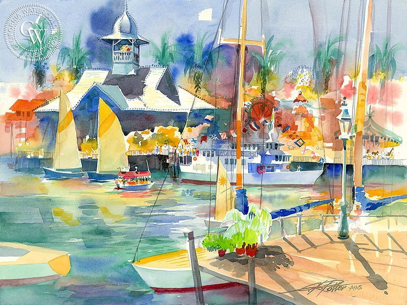 Balboa Pavilion & Pavilion Queen, 2006, watercolor painting by Ken Potter  (American art). Fine art giclée print reproduction by California Watercolor for wall decor.