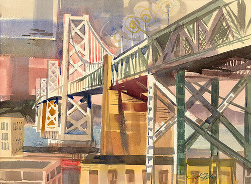 Bay Bridge, 1960, watercolor painting by Ken Potter  (American art). Fine art giclée print reproduction by California Watercolor for wall decor.