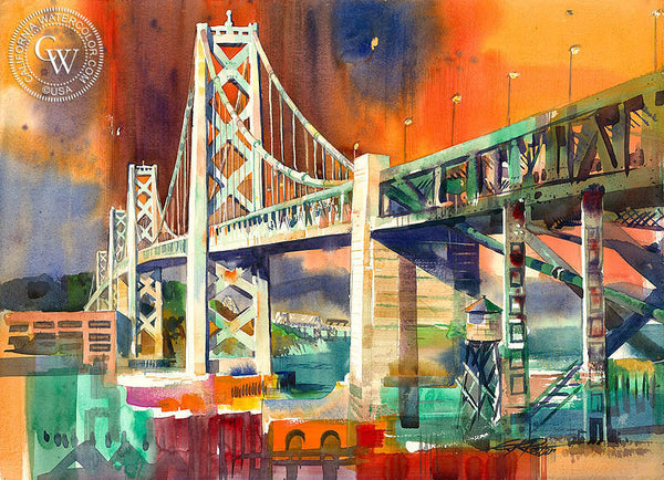 Bay Bridge, 1975, California watercolor art by Ken Potter. HD giclee art prints for sale at CaliforniaWatercolor.com - original California paintings, & premium giclee prints for sale