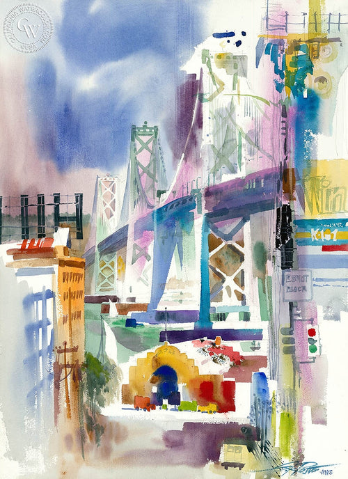 Bay Bridge from Rincon Hill, 1990, watercolor painting by Ken Potter  (American art). Fine art giclée print reproduction by California Watercolor for wall decor.
