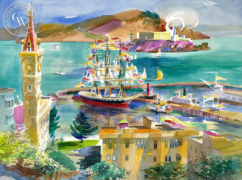 Bay from Russian Hill, 2004, watercolor painting by Ken Potter  (American art). Fine art giclée print reproduction by California Watercolor for wall decor.