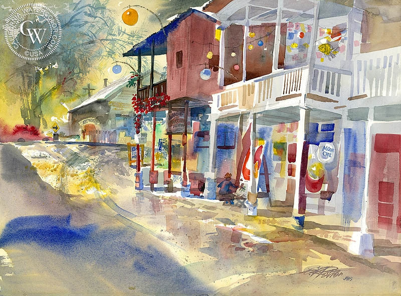 Blue Moon Cafe, watercolor painting by Ken Potter  (American art). Fine art giclée print reproduction by California Watercolor for wall decor.