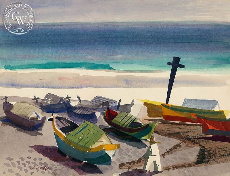Boats, Cabo Frio, Brazil, 1954, watercolor painting by Ken Potter  (American art). Fine art giclée print reproduction by California Watercolor for wall decor.