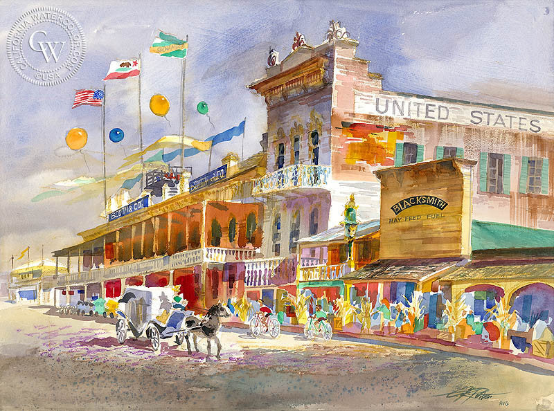 Booth Building & U.S. Hotel, 2006, watercolor painting by Ken Potter  (American art). Fine art giclée print reproduction by California Watercolor for wall decor.