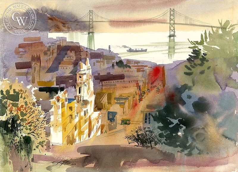 Broadway Morning, 1971, watercolor painting by Ken Potter  (American art). Fine art giclée print reproduction by California Watercolor for wall decor.