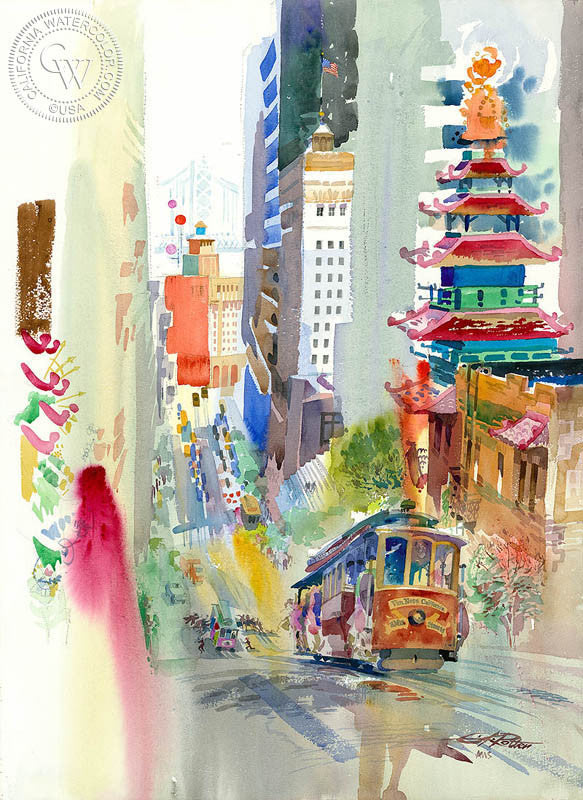 California Street, 1991, watercolor painting by Ken Potter  (American art). Fine art giclée print reproduction by California Watercolor for wall decor.