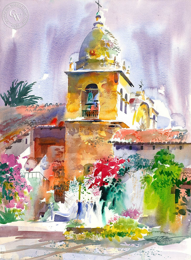 Carmel Mission, 1999, watercolor painting by Ken Potter  (American art). Fine art giclée print reproduction by California Watercolor for wall decor.