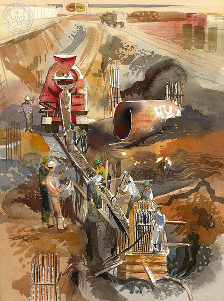 Ken Potter - Cement Pouring, 1963, California art, original California watercolor art for sale, fine art print for sale, giclee watercolor print - CaliforniaWatercolor.com