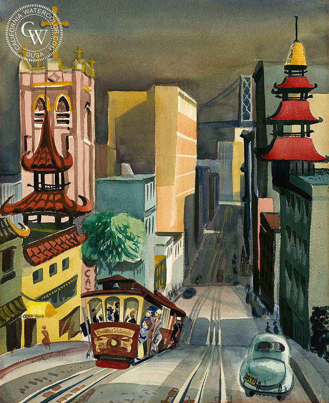 Chinatown and the Bay Bridge, c. 1948, watercolor painting by Ken Potter  (American art). Fine art giclée print reproduction by California Watercolor for wall decor.