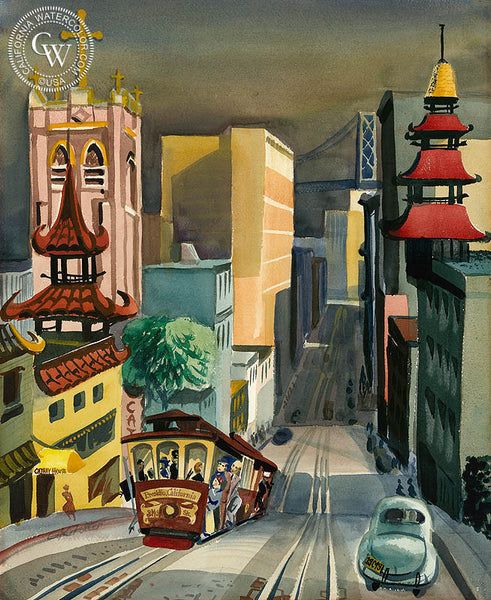 China Town and the Bay Bridge, c. 1948, California art by Ken Potter. HD giclee art prints for sale at CaliforniaWatercolor.com - original California paintings, & premium giclee prints for sale