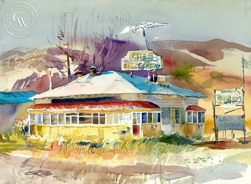 Double Diner, 1990, watercolor painting by Ken Potter  (American art). Fine art giclée print reproduction by California Watercolor for wall decor.
