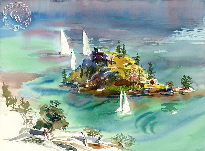 Emerald Bay Island, 1987, watercolor painting by Ken Potter  (American art). Fine art giclée print reproduction by California Watercolor for wall decor.