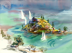 Emerald Bay Island, 1987, California art by Ken Potter. HD giclee art prints for sale at CaliforniaWatercolor.com - original California paintings, & premium giclee prints for sale