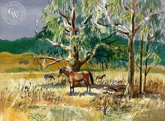 Eucalyptus, West Marin Horses, 1965, California art by Ken Potter. HD giclee art prints for sale at CaliforniaWatercolor.com - original California paintings, & premium giclee prints for sale
