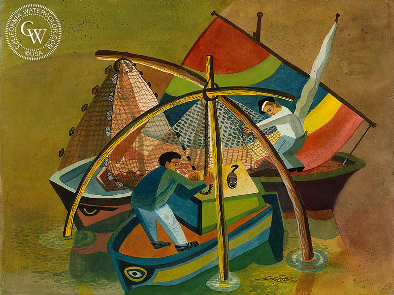 Fishermen of Ravenna, Italy, 1952, watercolor painting by Ken Potter  (American art). Fine art giclée print reproduction by California Watercolor for wall decor.