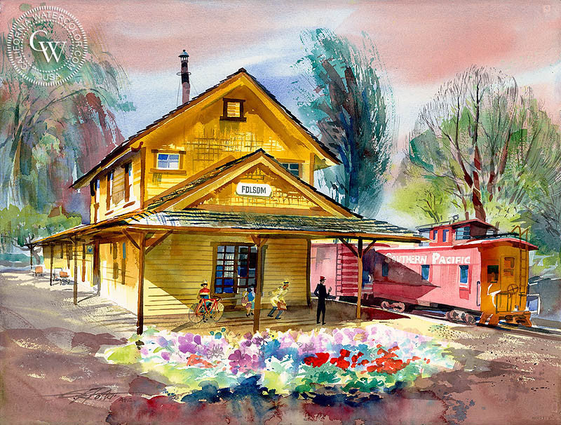 Folsom Depot, 1997, watercolor painting by Ken Potter  (American art). Fine art giclée print reproduction by California Watercolor for wall decor.