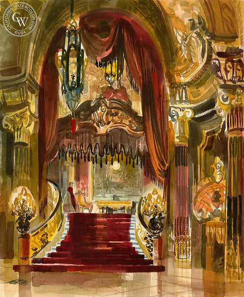 Fox Theatre Lobby, 1959, California art by Ken Potter. HD giclee art prints for sale at CaliforniaWatercolor.com - original California paintings, & premium giclee prints for sale