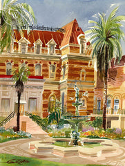 French Hospital Court, 1962, California art by Ken Potter. HD giclee art prints for sale at CaliforniaWatercolor.com - original California paintings, & premium giclee prints for sale