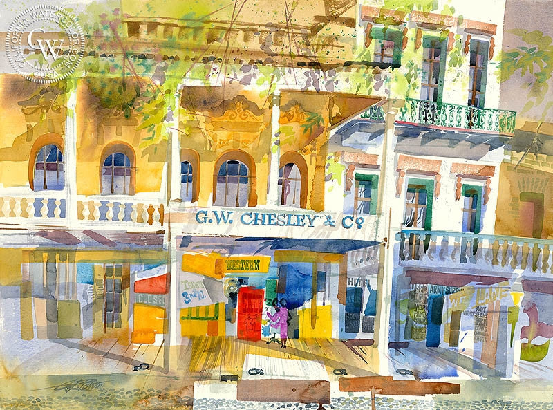 G.W. Chesley's & Co., Front Street, 1997, watercolor painting by Ken Potter  (American art). Fine art giclée print reproduction by California Watercolor for wall decor.