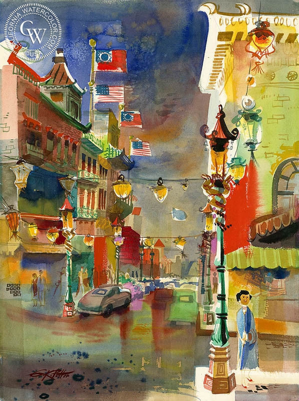 Grant Avenue, 1956, art by Ken Potter – California Watercolor