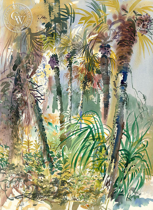 Indian River Palms, 1987, watercolor painting by Ken Potter  (American art). Fine art giclée print reproduction by California Watercolor for wall decor.