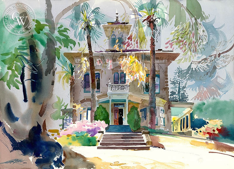 John Muir House, Martinez, 1992, watercolor painting by Ken Potter  (American art). Fine art giclée print reproduction by California Watercolor for wall decor.