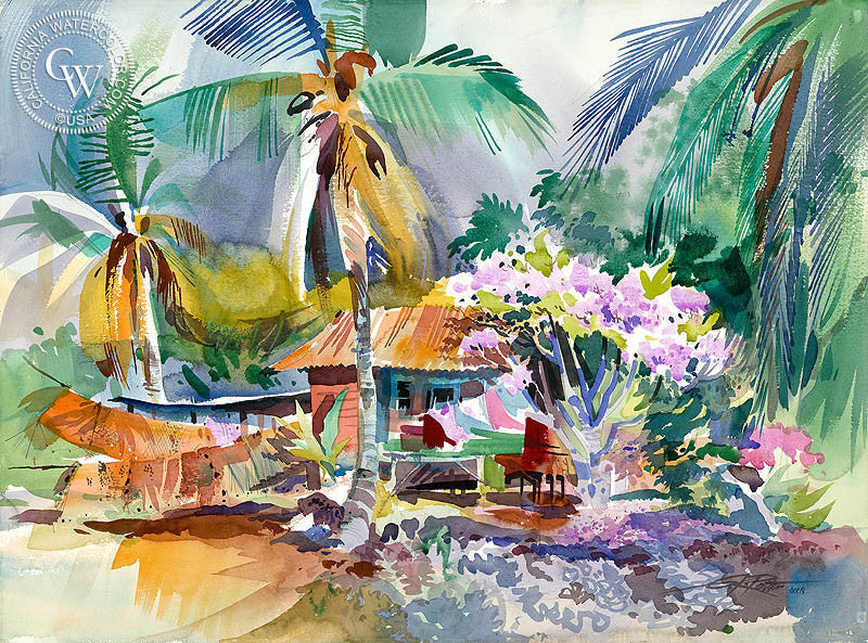 Ke'ei Fishing Village, 1997, watercolor painting by Ken Potter  (American art). Fine art giclée print reproduction by California Watercolor for wall decor.