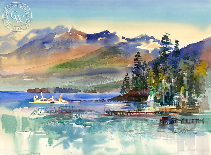 Lake Tahoe from Tahoe City, 1987, watercolor painting by Ken Potter  (American art). Fine art giclée print reproduction by California Watercolor for wall decor.
