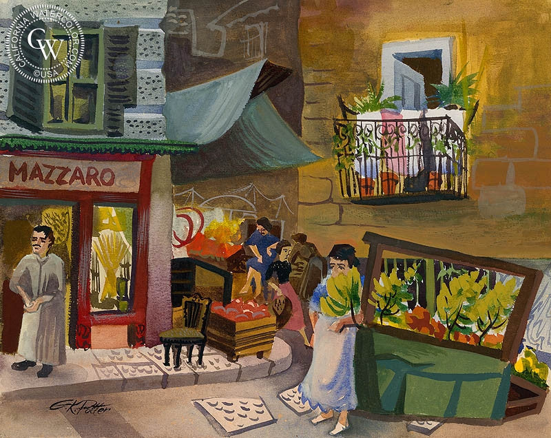 Market in Naples, 1952, watercolor painting by Ken Potter  (American art). Fine art giclée print reproduction by California Watercolor for wall decor.