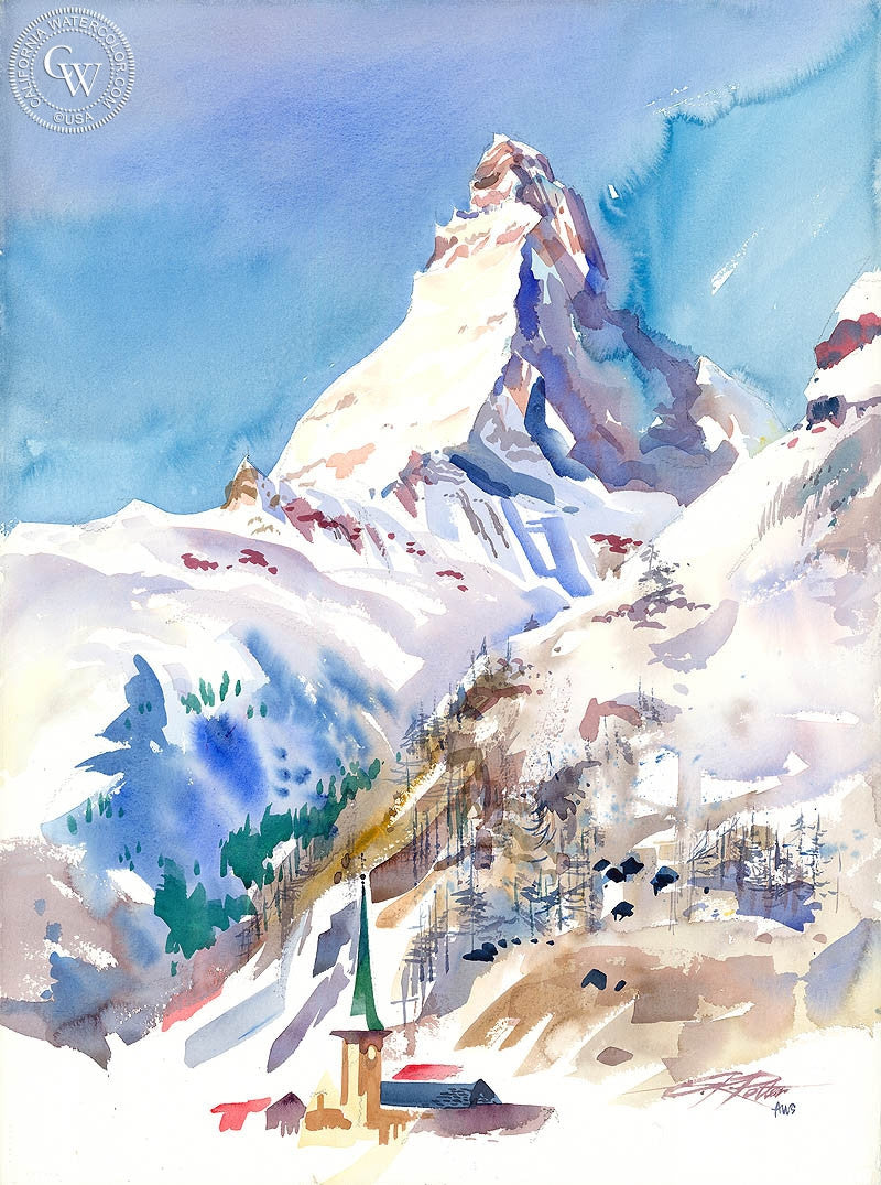 Matterhorn, Switzerland, 1993, watercolor painting by Ken Potter  (American art). Fine art giclée print reproduction by California Watercolor for wall decor.