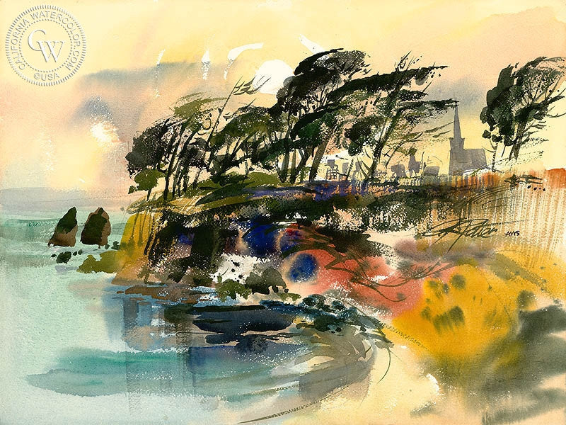 Mendocino City, Evening Sunset, 1969, watercolor painting by Ken Potter  (American art). Fine art giclée print reproduction by California Watercolor for wall decor.