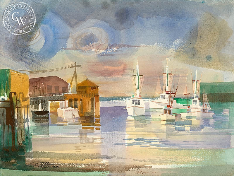 Monterey Beach, 1956, watercolor painting by Ken Potter  (American art). Fine art giclée print reproduction by California Watercolor for wall decor.