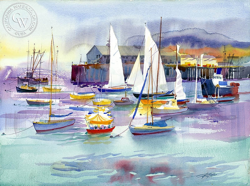 Monterey Pier, 1999, watercolor painting by Ken Potter  (American art). Fine art giclée print reproduction by California Watercolor for wall decor.