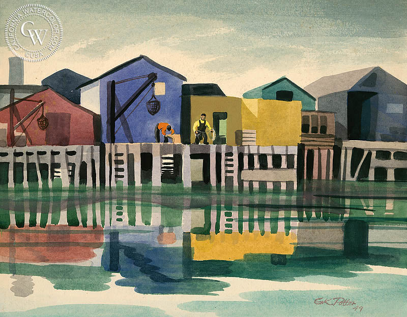 Monterey Pier, 1949, watercolor painting by Ken Potter  (American art). Fine art giclée print reproduction by California Watercolor for wall decor.