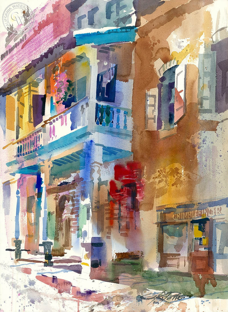 Newspaper Office, 1990, watercolor painting by Ken Potter  (American art). Fine art giclée print reproduction by California Watercolor for wall decor.