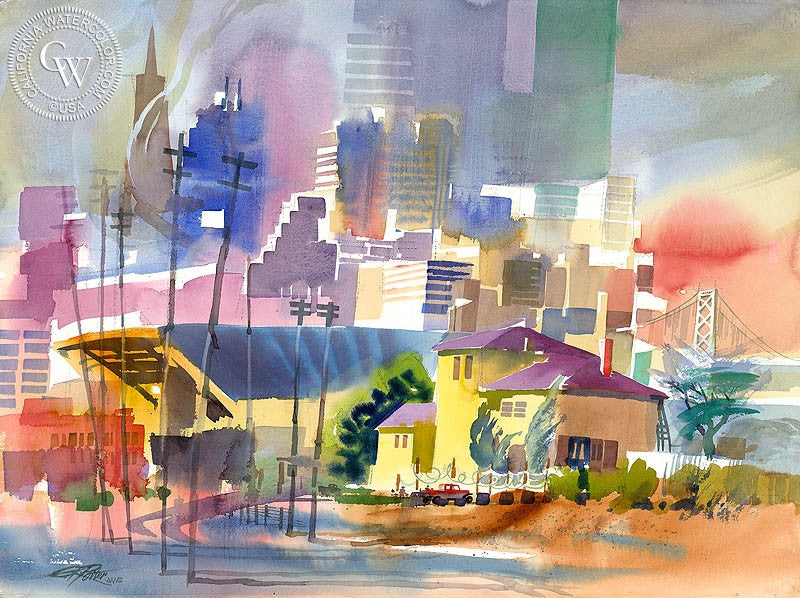 Old Customs House & Skyline, 2004, watercolor painting by Ken Potter  (American art). Fine art giclée print reproduction by California Watercolor for wall decor.
