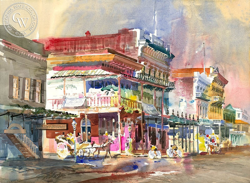 Old Sacramento, watercolor painting by Ken Potter  (American art). Fine art giclée print reproduction by California Watercolor for wall decor.