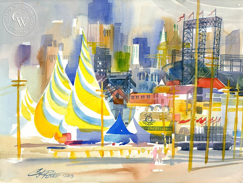 Pac Bell Cityscape, watercolor painting by Ken Potter  (American art). Fine art giclée print reproduction by California Watercolor for wall decor.