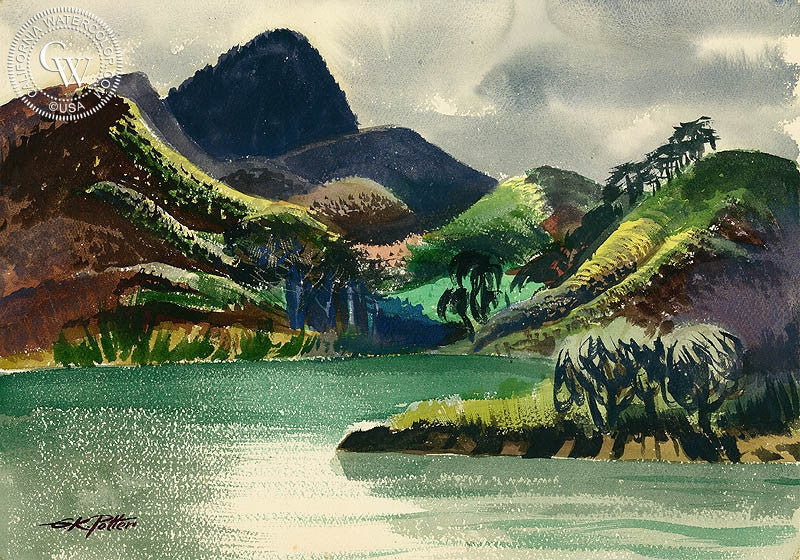 Panama Jungle, 1950, watercolor painting by Ken Potter  (American art). Fine art giclée print reproduction by California Watercolor for wall decor.