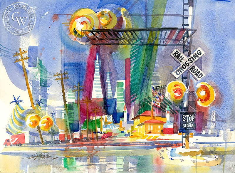 R.R. Crossing & S.F. Skyline, watercolor painting by Ken Potter  (American art). Fine art giclée print reproduction by California Watercolor for wall decor.
