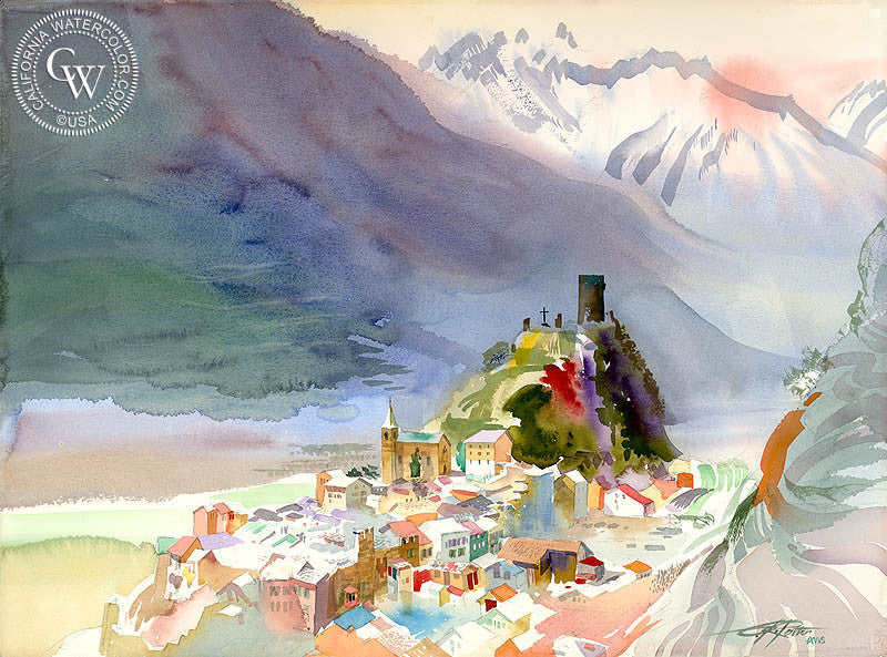 Saillon, Switzerland, 1994, watercolor painting by Ken Potter  (American art). Fine art giclée print reproduction by California Watercolor for wall decor.
